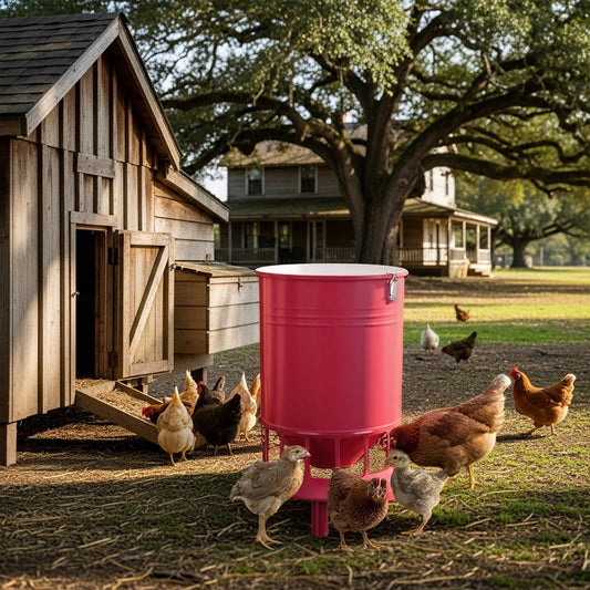 Solution4Patio 50LB No-Waste Chicken Feeder, Large Capacity Gravity Dispenser with Spill Control & 16 Feeding Ports Poultry Feeder for Outdoors & Hen Coop (Red)