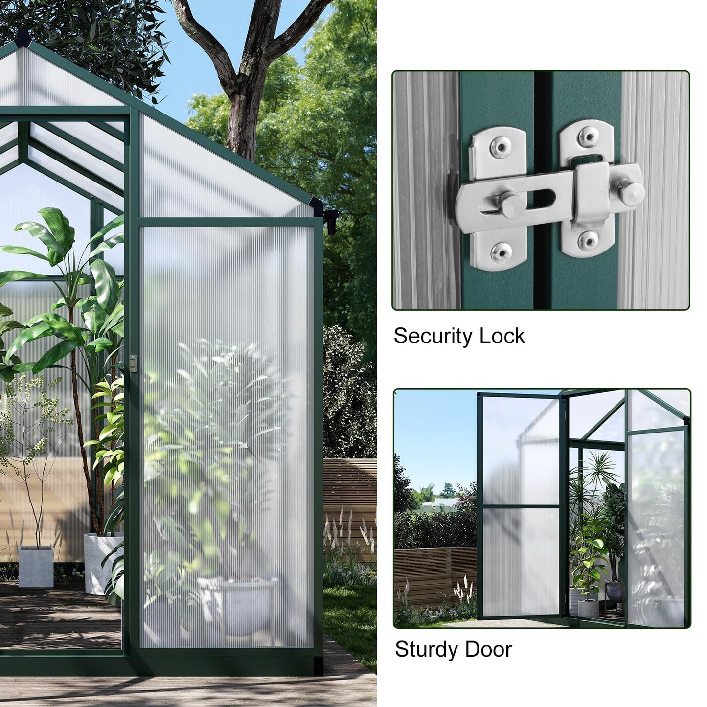 EcoSummer Greenhouse for Outdoors 8 x 6.25 Ft, Polycarbonate Greenhouse with Lock, Roof Windows Vent and Rain Gutter, Aluminum Large Walk-in Green Houses, for Patio Garden Backyard Outside, Green