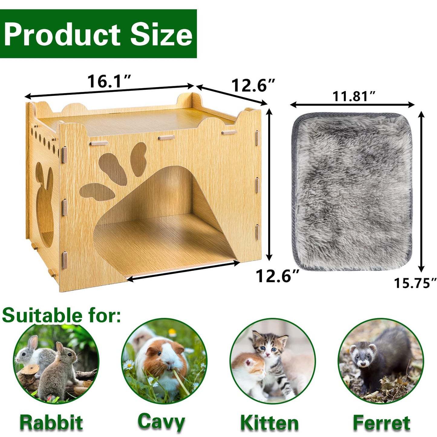 Yesland Rabbit Hideout Castle, Large Wooden Bunny Houses and Hideouts with Pet Pad, Detachable Small Animal Play Hideaway Hut and Playhouse for Indoor Bunnies Guinea Pig Hamster Chinchilla Gerbi