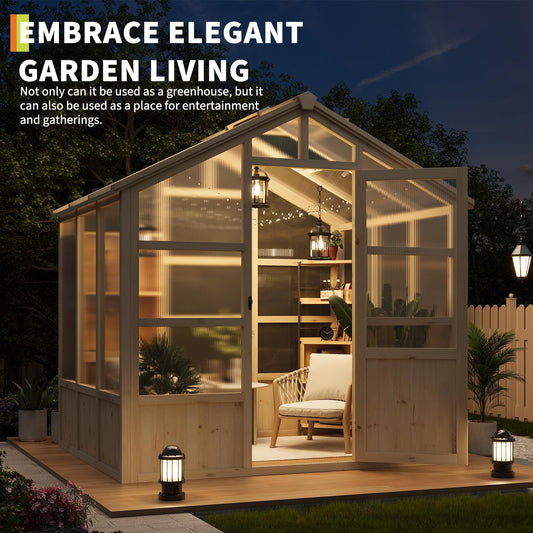 Wooden Greenhouse, 6x8FT Greenhouses with Lockable Door, Wood Frame & Adjustable Vent, Greenhouse with for Outdoor, Garden, Yard, Light Brown