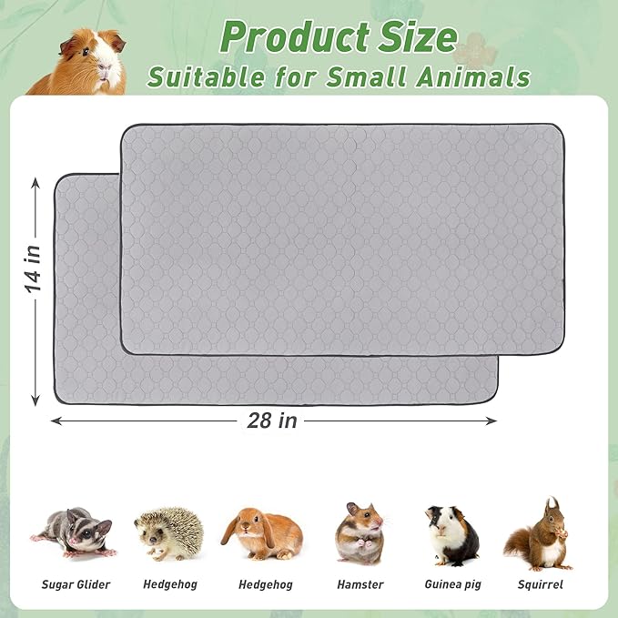 2 Pack Guinea Pig Cage Liners, 14'' X 28'' Washable Guinea Pig Pee Pads, Non Slip Reusable Super Absorbent Guinea Pig Training Mat Bedding Fleece for Small Animals Hamster Rabbit Chinchilla Rat