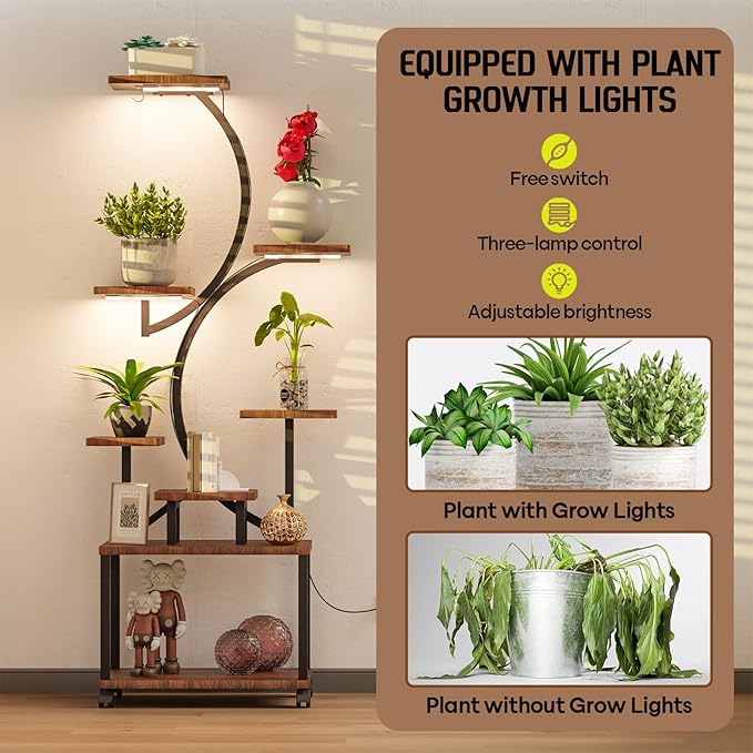 Plant Stand with Grow Light, 61" Grow Light Plant Stand Indoor, 8 Tiered Large Plant Light Stand, Plant Shelf with 4 Wheels, Lighted Decorative S-Shaped Flower Multiple Display Shelves for Home Office