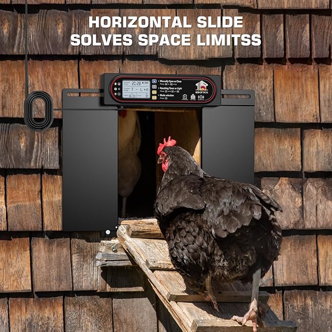 Automatic Chicken Coop Door with Horizontal Dual Opening, Remote & Manual Control, USB Backup, Predator-Proof Larger Opening Size House Door Solar Powered for Chicken, Duck and Poultry, Black