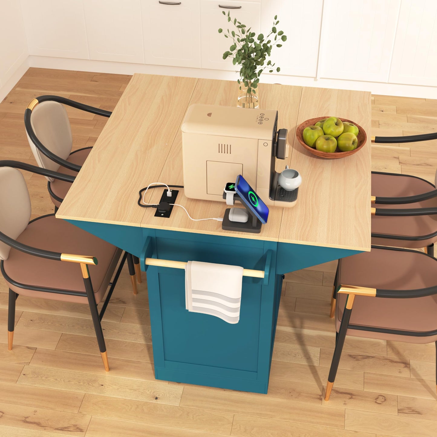 Merax 55.7" Large Kitchen Cart Island on Wheels with 2 Drop Leaf,Power Outlet,3 Drawers,Wood Cabinet for Dining Room