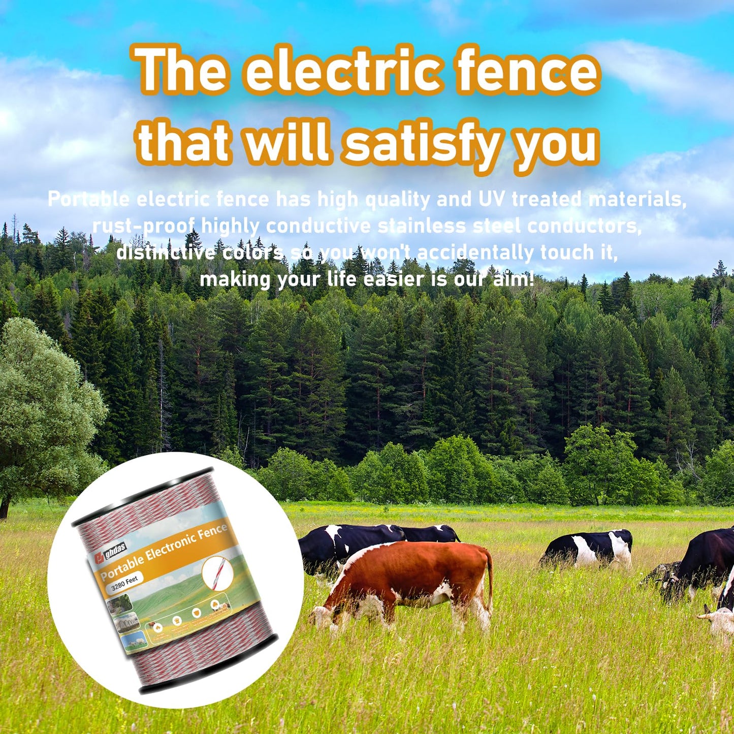 Portable Electric Fence Polywire 3280 Feet 1000 Meter, for Fencing Livestock, Farm Animals, Horses, Deers, Farm Animals, Gardens, Good Conductivity and Waterproof, Coyote-Proof, Crossing-Proof