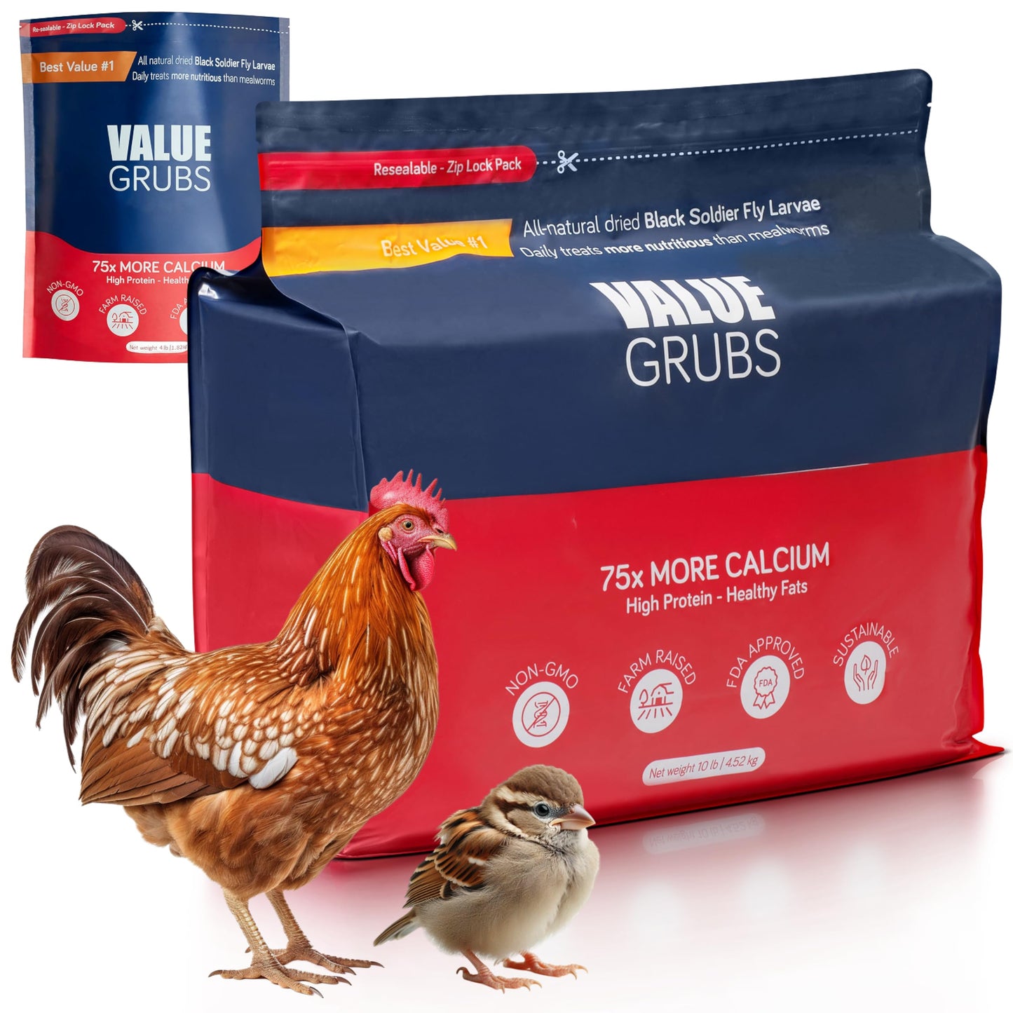 Value Grubs Better Than Dried Black Soldier Fly Larvae for Chickens - 10 lbs Non-GMO - 75X More Calcium Than Meal Worms - Poultry Feed Molting Supplement - Farm Raised High Protein - Resealable Bag