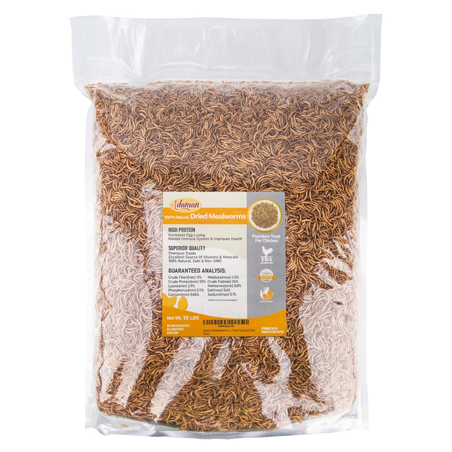 Adaman Dried Mealworms -10 LBS- 100% Natural Non GMO High Protein Mealworms - Bulk Meal Worms for Chickens & Birds, Ducks - Best Chicken Treats, Bird Food, Turtle Food