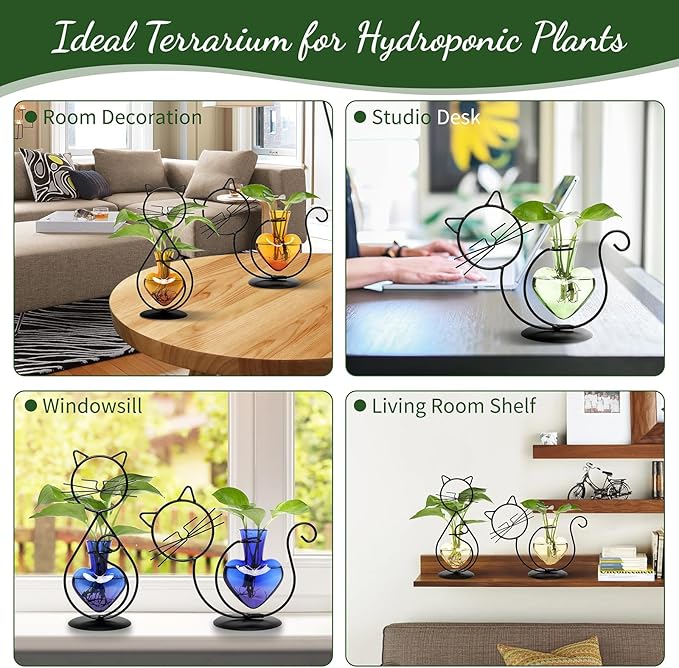 Plant Terrarium Plant Propagation Station Cat Lover Gifts for Women Plant Lovers Home Office Decor Cat Desk Accessories