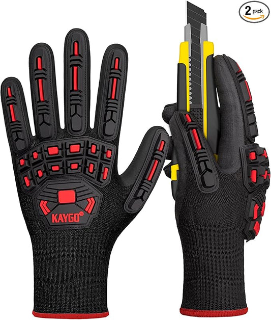 KAYGO Cut Resistant Safety Work Gloves，ANSI Cut level A3,Impact Reducing Work Gloves for Men, TPR Impact Reducing Mechanic,KG30NB,2 Pairs Black,S