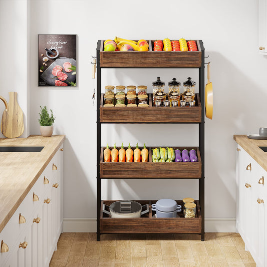 LITTLE TREE 4-Tier Wood Fruit Vegetable Storage Basket Stand, Versatile Utility Shelf Rack for Kitchen, Office, Store, Supremarket, Vintage Brown