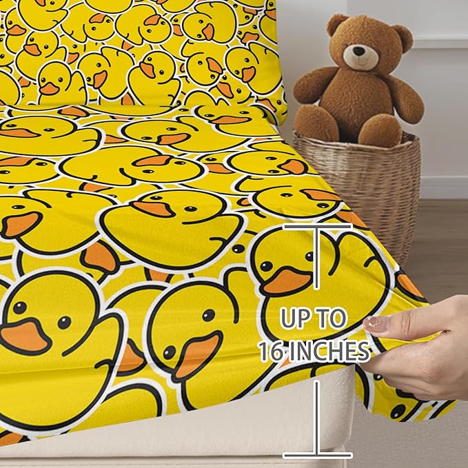 Yellow Rubber Duck Fitted Sheet for Kids Soft Microfiber Breathable Yellow Bedding with 2 Pillowcases All-Round Elastic Pocket 3 Pieces Duck Fitted Sheet for Boys Girls (Twin)