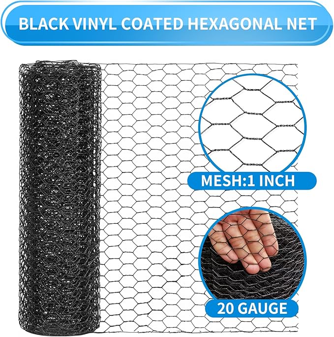 60'' x 150' Black Chicken Wire Mesh Fence, 20 Gauge Galvanized Poultry Netting and 1 inch Garden Mesh Fence Roll, Chicken Wire for Floral Arrangements/Crafts/Farm/Livestock/Pet Protection