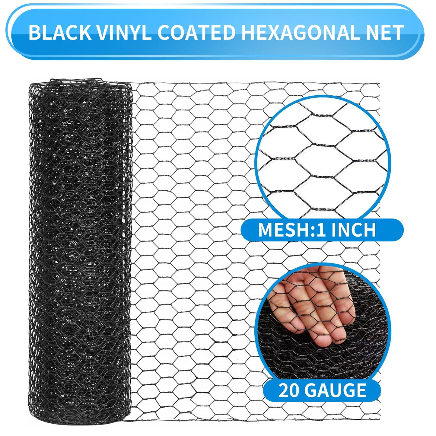 DOLEMODUO 60'' x 150' Black Chicken Wire Mesh Fence, 20 Gauge Galvanized Poultry Netting and 1 inch Garden Mesh Fence Roll, Chicken Wire for Floral Arrangements/Crafts/Farm/Livestock/Pet Protection