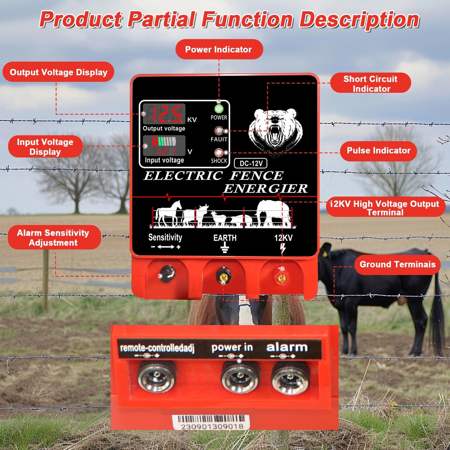 9J Electric Fence Charger Energizer, 9 Joules 20 Miles, AC DC 2 in 1 Powered Supply, Input 12V Output 12KV, with Display Alarm and Remote, Deter Predators, Contain Cattle Cow and Livestock