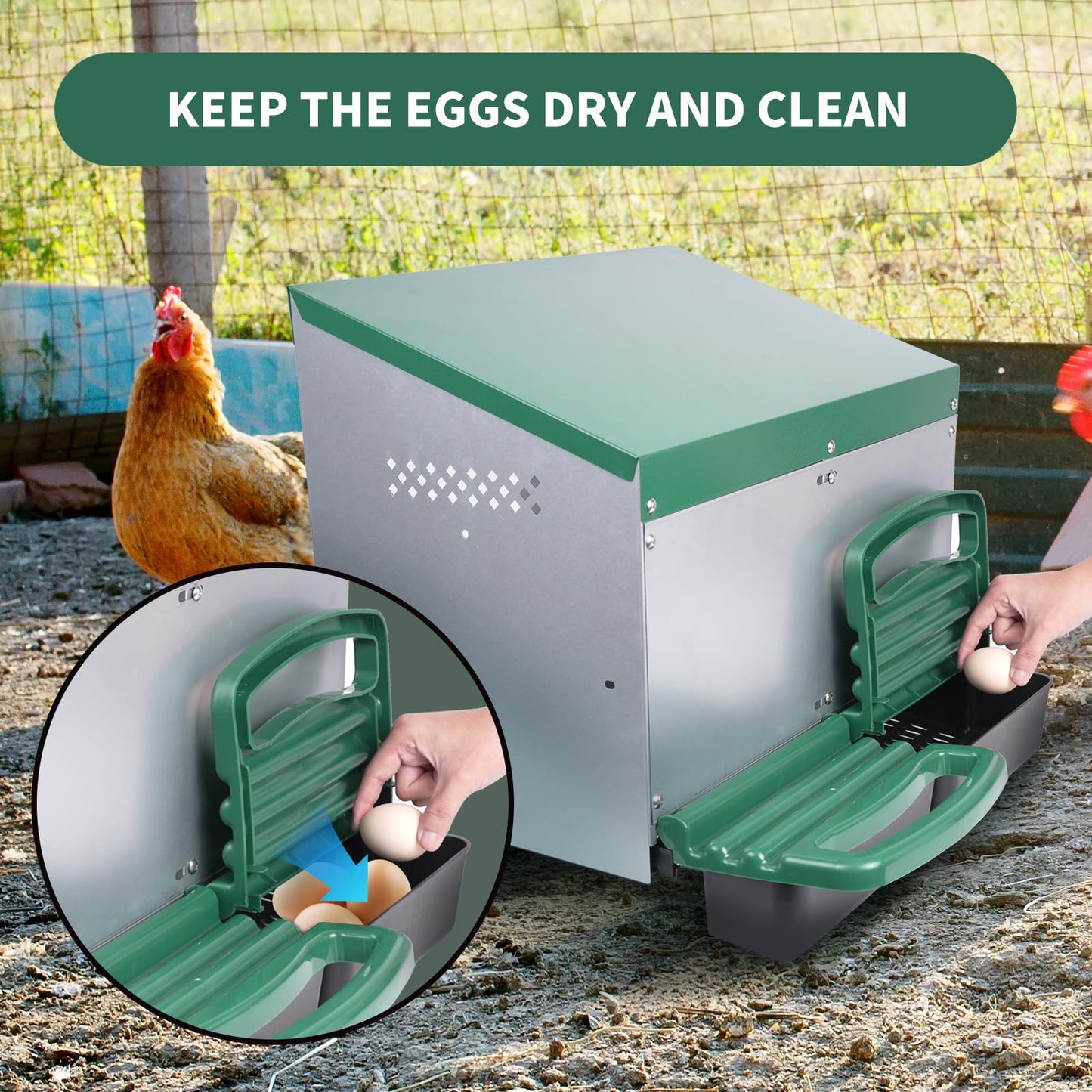 Chicken Nesting Box, 2 Holes Nesting Boxes, Heavy Duty Metal Laying Boxes, Roll Away Nesting Box Egg Collection Tray, with Roosting Pole for Chicken Coop(Green)