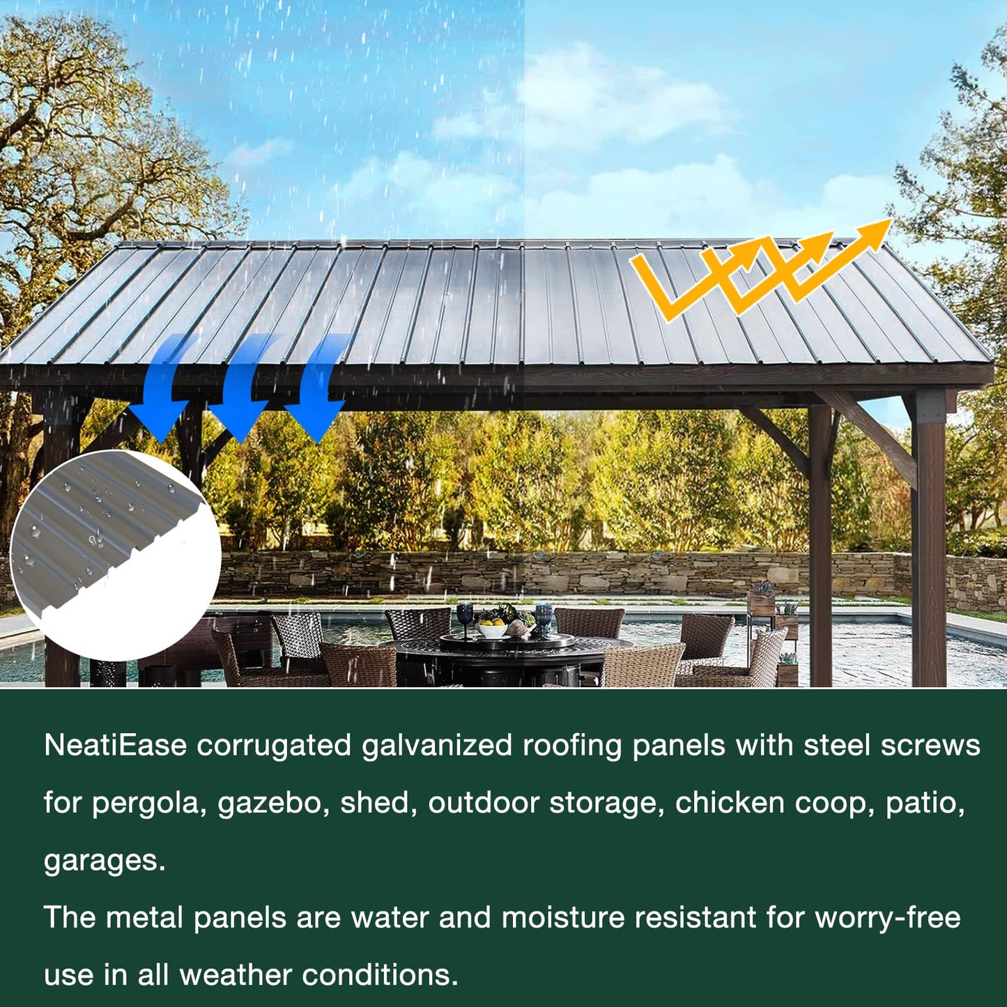 NeatiEase 10 Pcs Metal Roofing Panels, 8.1 Feet Corrugated Galvanized Roofing Panels Metal Siding Panels with Steel Screws for Pergola, Gazebo, Shed, Outdoor Storage, Chicken Coop, Patio,Garages