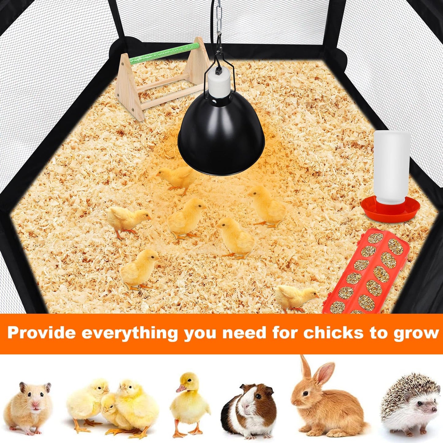 Chicks Brooder Box for Chicken Starter Kit- Includes Timing Heat Lamp Set, Detachable Chicken Brooder, Up to 15 Chicks, Sawdust, Chick Feeder and Waterer Set, Chick Perch 6-in-1 Chicken Coop Set