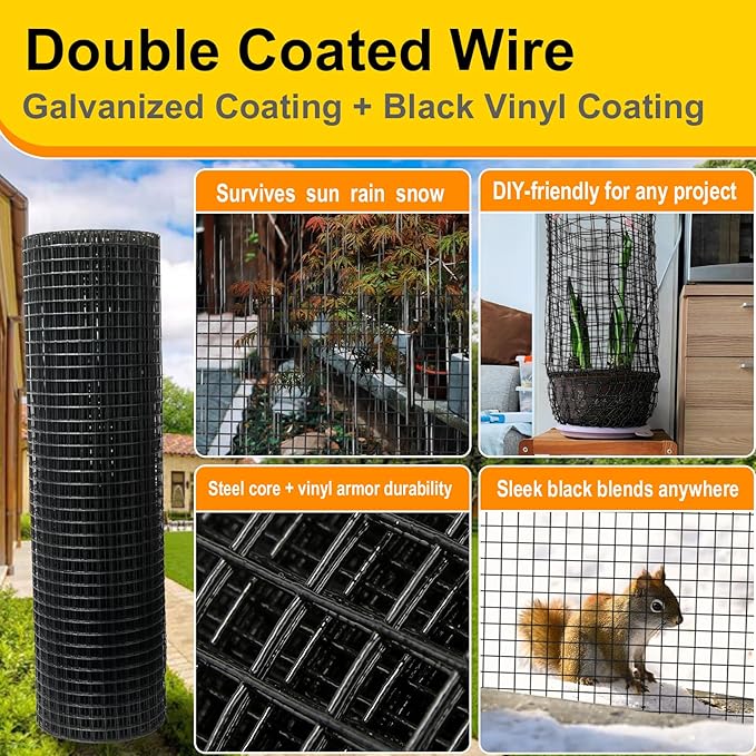 Black Hardware Cloth 1/2inx24inx100ft, Chicken Wire Fencing, 19Gauge, Vinyl PVC Coated Mesh, Welded Wire mesh, Perfect for Gopher Wire, Rodent Mesh, Tree Guard, Chicken Coop.
