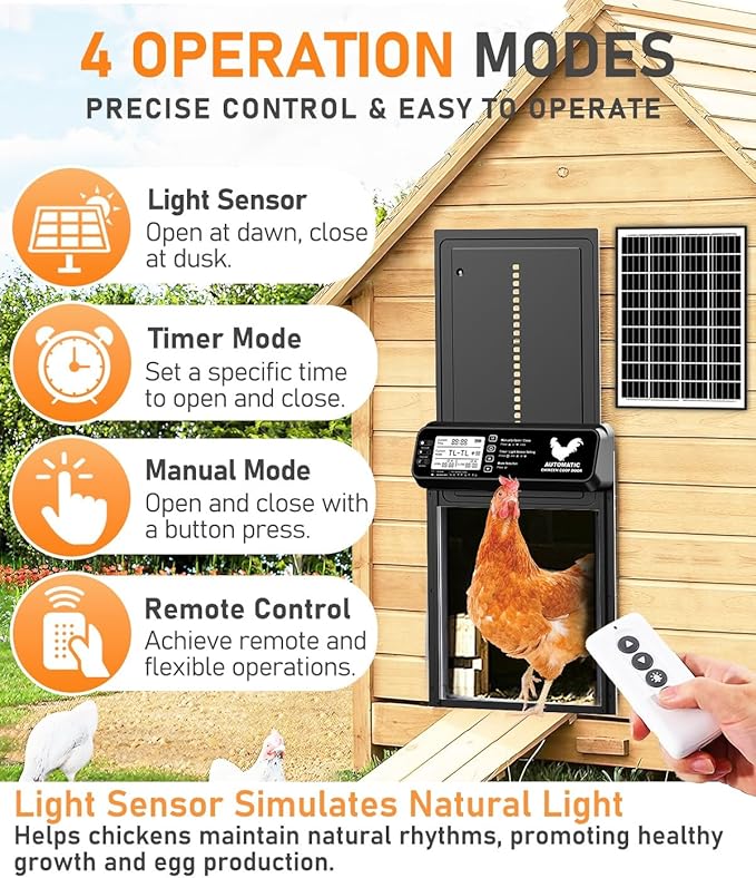 Automatic Chicken Coop Door Solar Powered with Timer/Light Sensor, Solar Chicken Coop Door Anti-Pinch, Aluminum Alloy Chicken Door | Larger Solar Panel | Higher Capacity Battery | 20M Remote Control