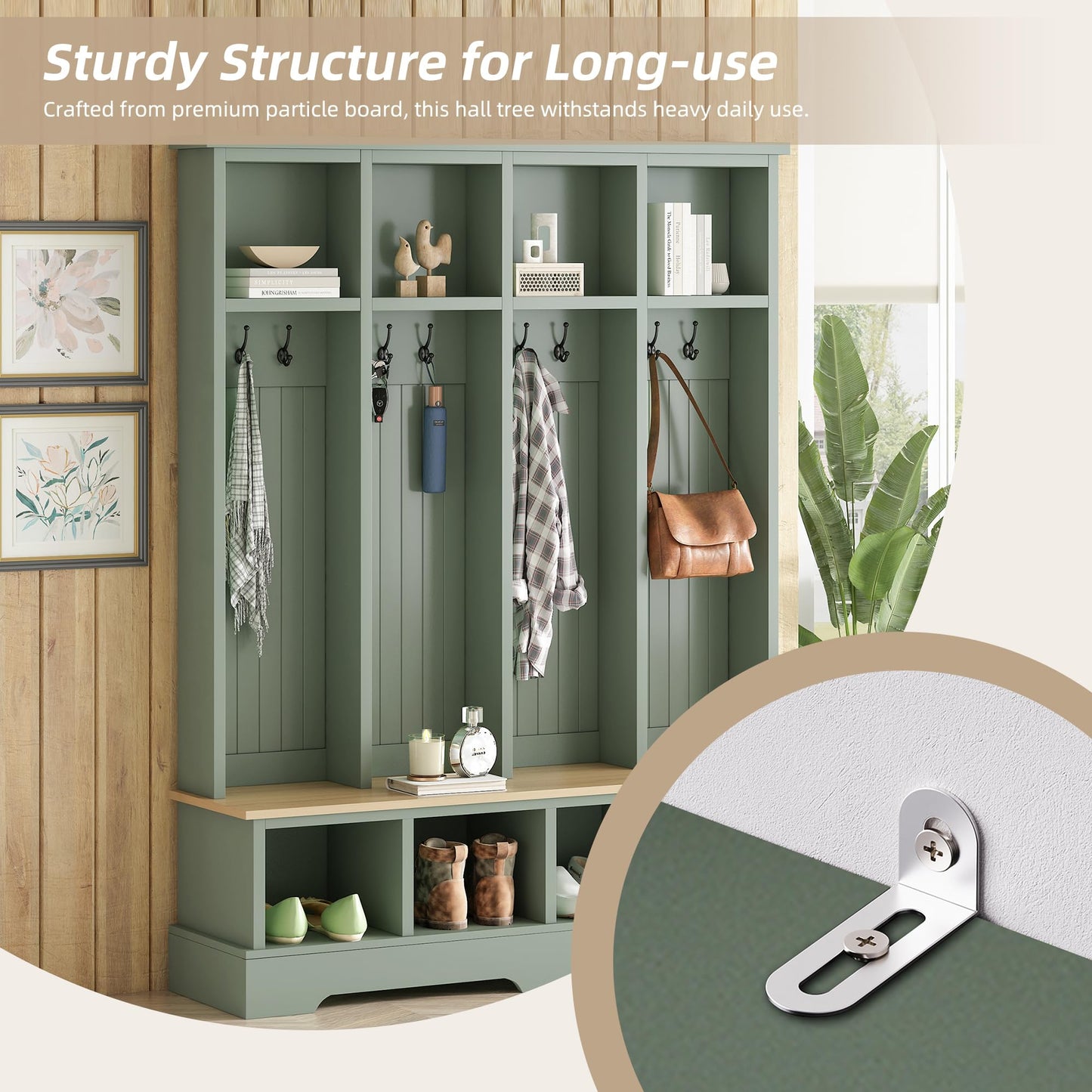 Merax Farmhouse Hall Tree with Bench and Shoe Storage, 59" Entryway Bench with Coat Rack, 3-in-1 Hall Tree with Top Compartments and 8 Hooks for Hallway, Living Room, Green