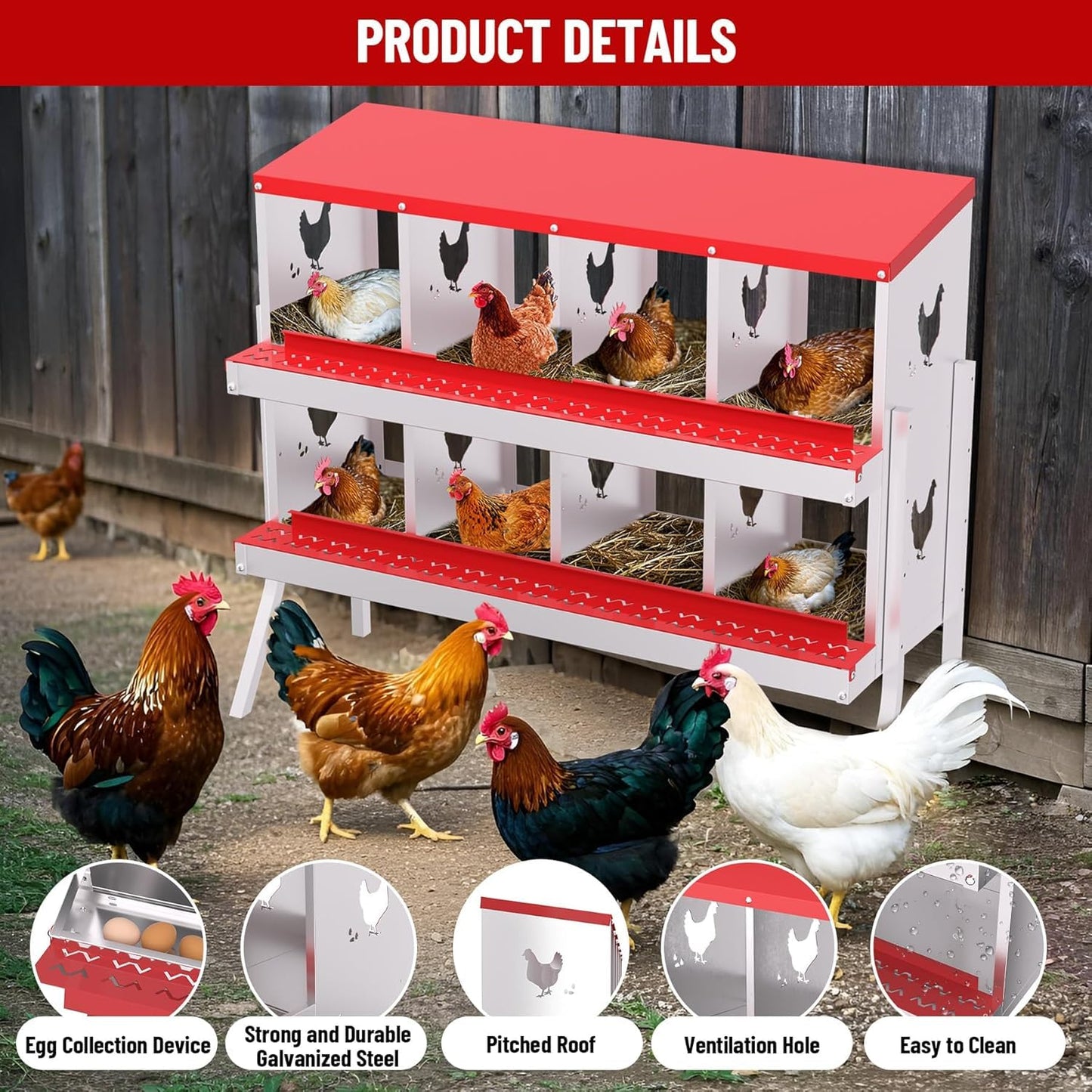 Chicken Nesting Boxes, 8-Hole Metal Nesting Box with Perch & Roll-Away Egg Design – Wall Mount or Freestanding Laying Box for Hens, Ducks, Quail (Heavy-Duty Galvanized Steel),Red. 1