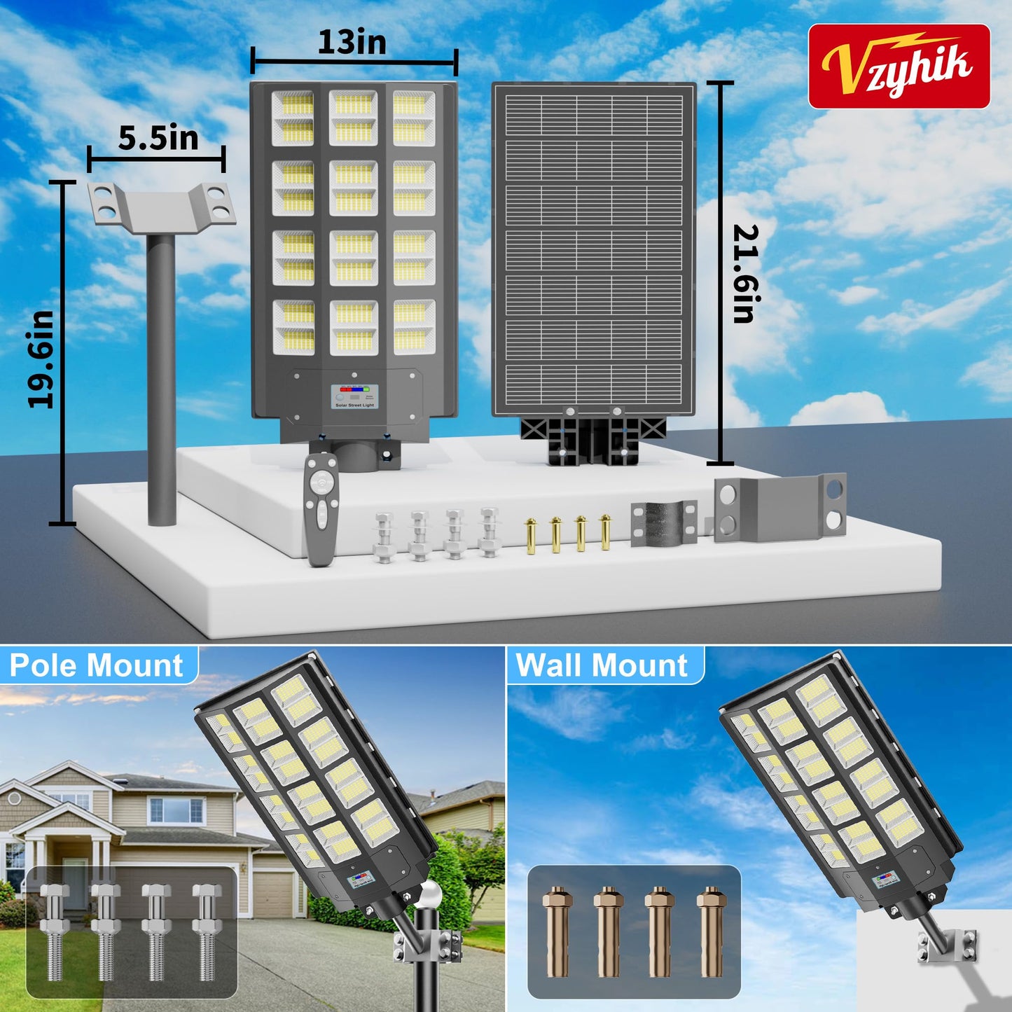 Vzyhik 4-Pack 8000W,240000LM Solar Street Light,Wide Angle Lamp, Waterproof IP67,with Remote Control & Motion Sensor,The Ultimate Lighting Solution for Parking Lots and Beyond