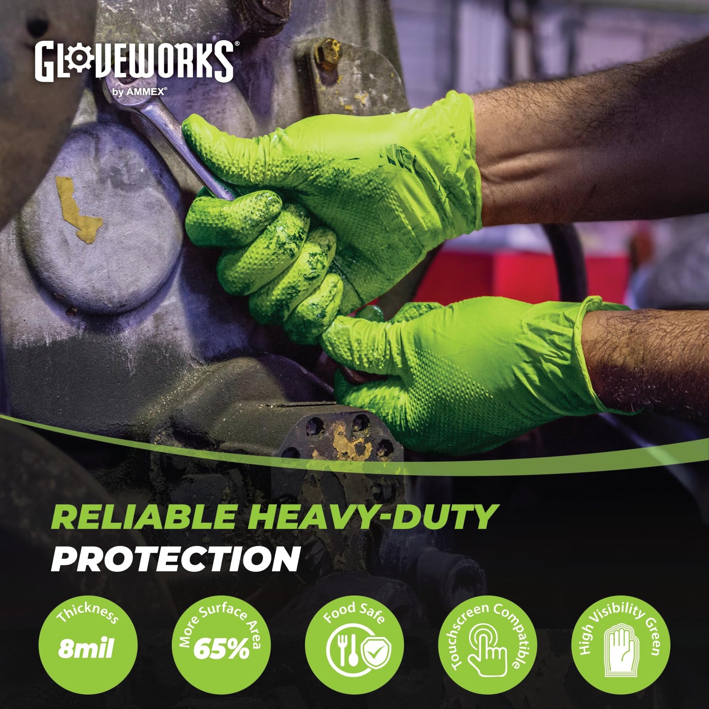 GLOVEWORKS HD Green Nitrile Industrial Disposable Gloves, 8 Mil, Latex-Free, Raised Diamond Texture, Large, 10 Boxes of 100