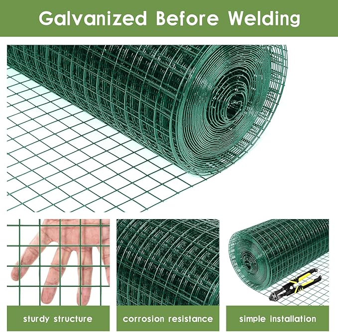Tongmo 48" x 100' Green Chicken Wire Fencing, 19 Gauge Green Wire Fence, 1"x1" Mesh Size Metal Welded Wire Garden Fence Roll, Poultry Netting for Rabbit/Duck/Chicken