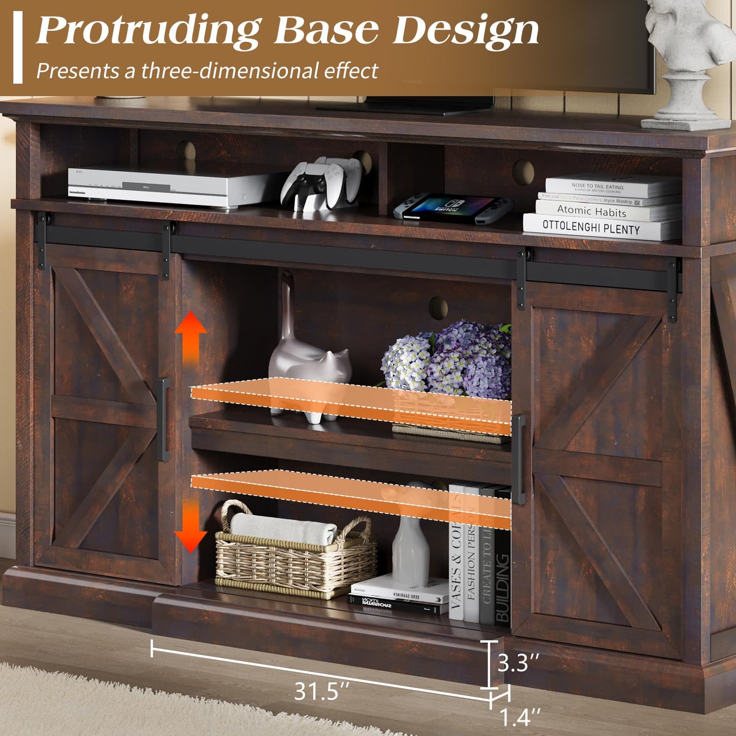 LUXOAK 66" Farmhouse TV Stand for 75 Inch TVs, 40" Tall Entertainment Center with Sliding Barn Doors, Rustic Media Console Table Storage Cabinet with Adjustable Shelves, Living Room, Sawdust Brown