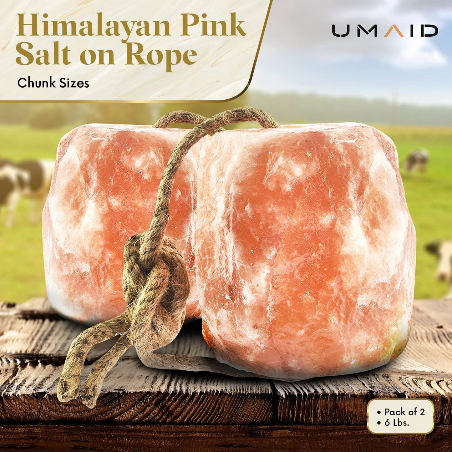 UMAID Himalayan Salt Lick 6 lbs. on Rope for Horses, Deer, Goats, Cow, Sheep, Cattle, Alpacas, and Livestock – Mineral Horse Treats, Natural Himalayan Rock Salt Block for Deer and Horses, 4 Pack