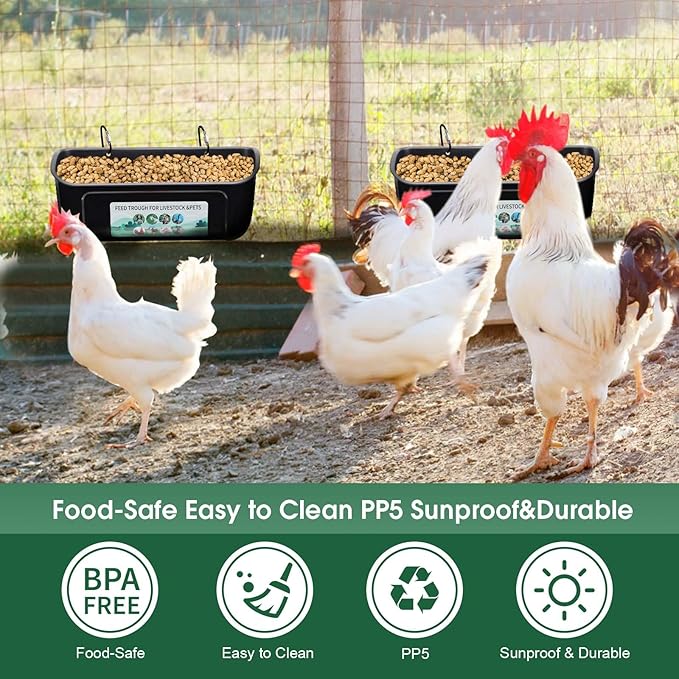 2 Pack Chicken Duck Feeder, Poultry Feeders and Waterers, Hanging Goat Feeder, Livestock Feeding Container, Feed Trough and Waterer Bucket with Clips(Black)