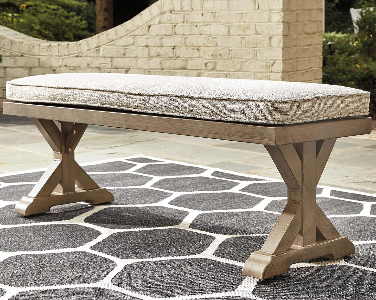 Signature Design by Ashley Beachcroft Patio Farmhouse Outdoor Upholstered Dining Bench, Beige
