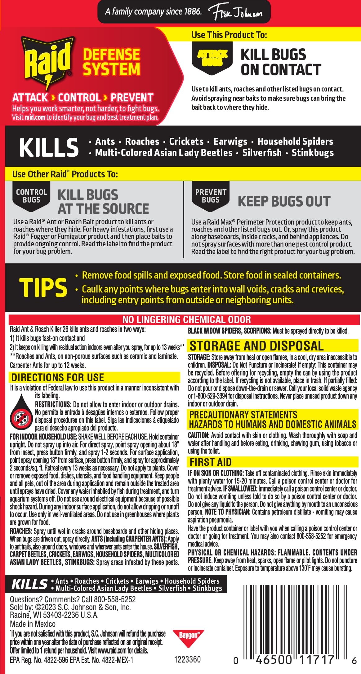 Raid Ant & Roach Killer 26, Fragrance Free Bug Killer for Home Use, Kills Bugs on Contact, 17.5 Oz, 2 Count