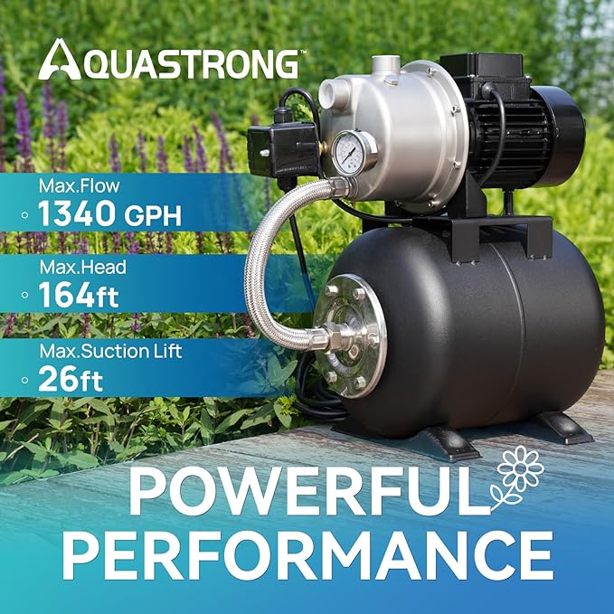 Aquastrong 1.6 HP Shallow Well Pump with Pressure Tank, NSF Certified, 1320 GPH, 115V, Stainless Steel Irrigation Pump, Automatic Water Booster Jet Pump for Home, Garden, Lawn
