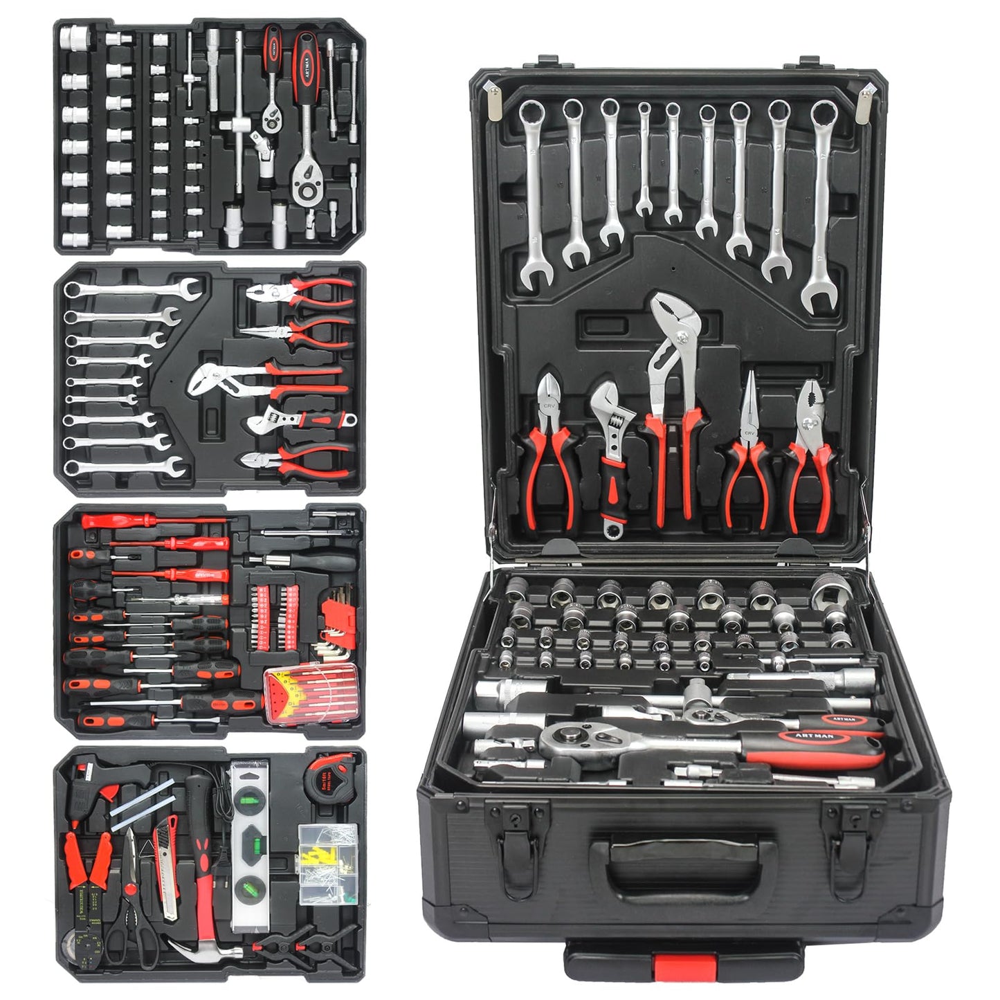 Black Hand Tool Box With 4 Layers Of Toolset,Aluminum Trolley Case Tool Set,Rolling Tool Case Box On Wheels,899pcs Household Hand Kit for House Repair, Garden, Office
