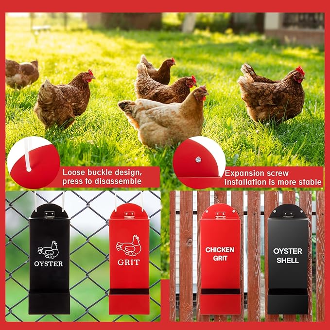Leinuosen 4 Pack Metal Chicken Oyster Shell and Grit Feeder with Lid Rainproof Hanging Chicken Feeder Trough Automatic Gravity Poultry Coop Accessories Water Dispenser for Chicks, Ducks, Quail