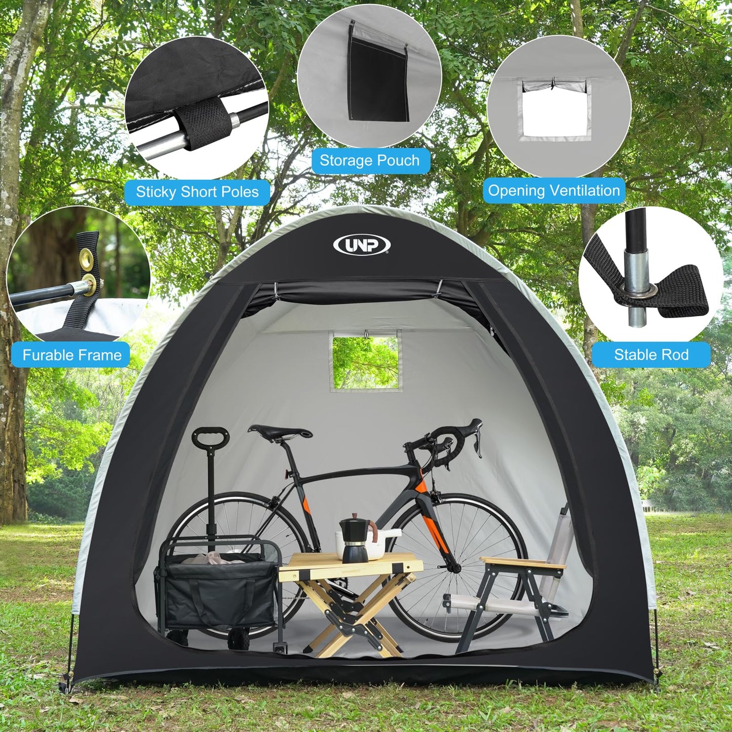 UNP Bike Storage Shed Tent, Portable Outdoor Bike Storage Tent with 210D Oxford Thick PU4000 Waterproof for 1/2/3/4 Bikes, Bike Covers Storage Shed for Bicycles, Lawn Mower, Garden Tools