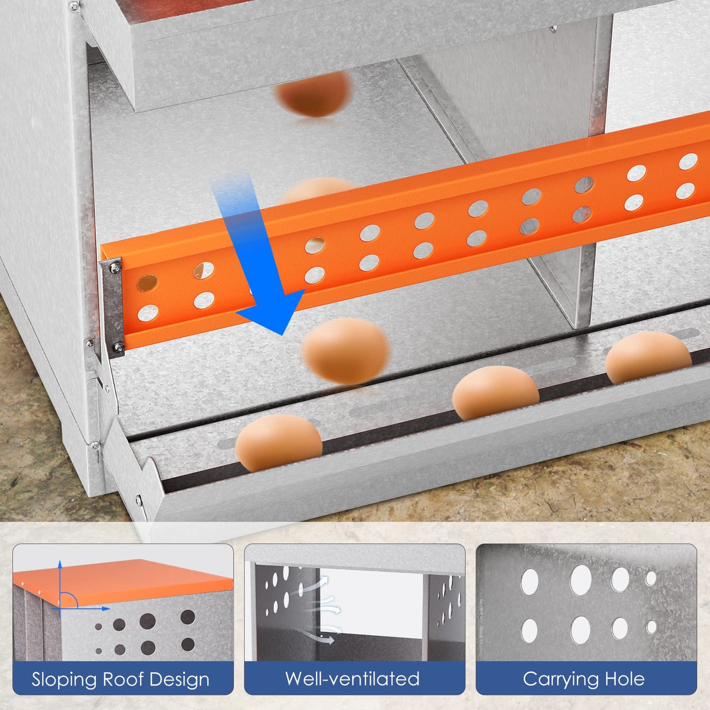 Chicken Nesting Box, 6 Compartment Metal Nesting Boxes for Chickens Laying Eggs, Rust Proofed Nest Box with Roll Away Egg Collection Laying Box for Chicken Coop