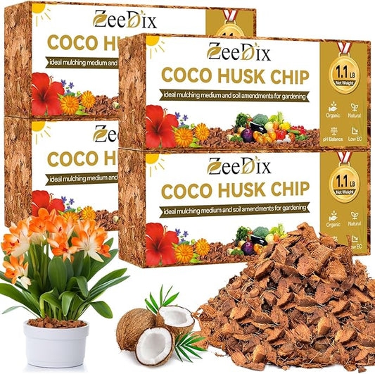 Zeedix 4 Pack Coco Husk Chips for Plants, 100% Organic Coconut Chips Mulch with Low EC & PH Balance, All Purpose for Indoor Plant Flowers Herbs Vegetables, Reptiles Terrarium Tanks Substrate(4.4LB)