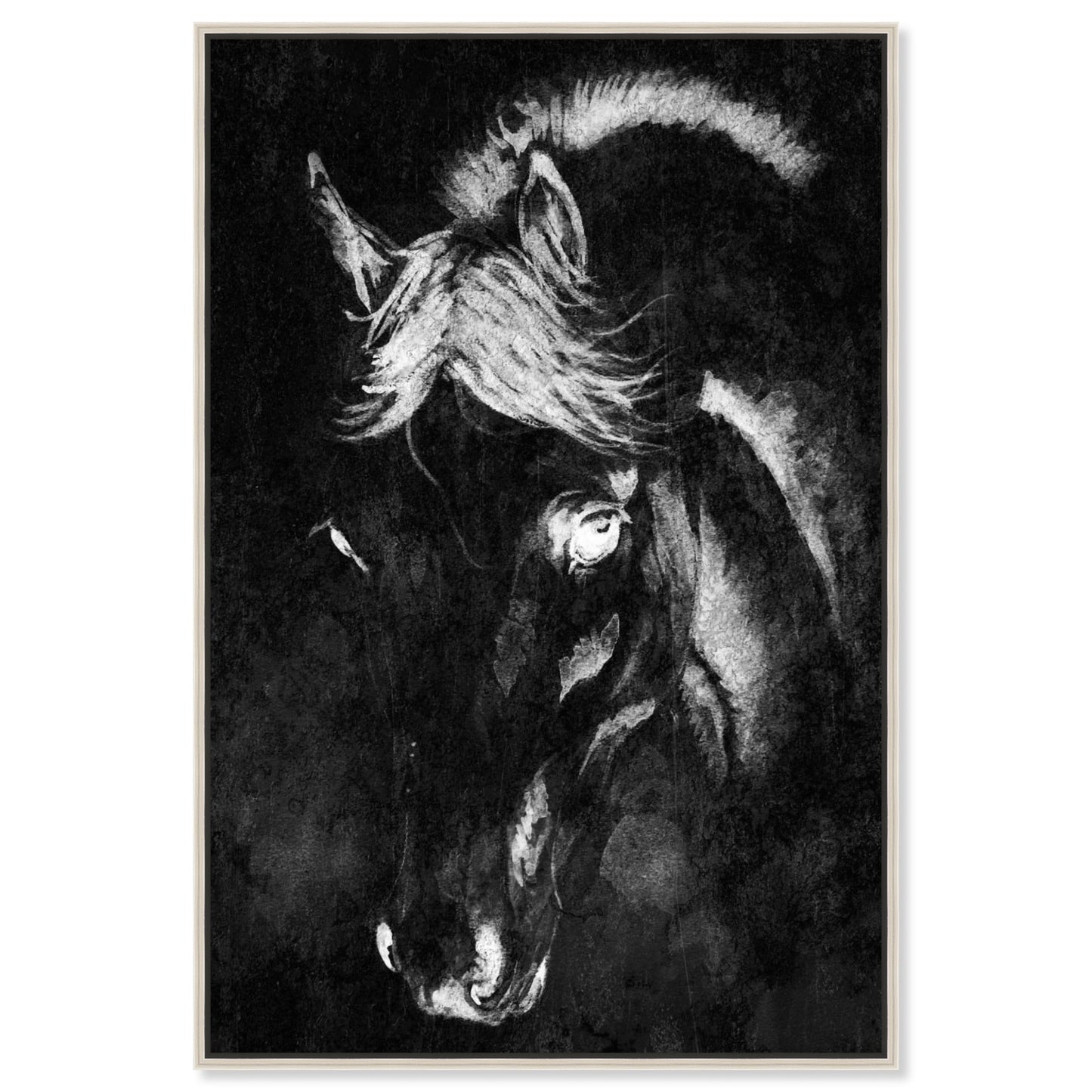 Country Farmhouse Canvas Print Painting Animal Wall Art 'Black Beauty Horse Art' White Framed Canvas Rustic Home Décor 20x30 in Black, White by Oliver Gal