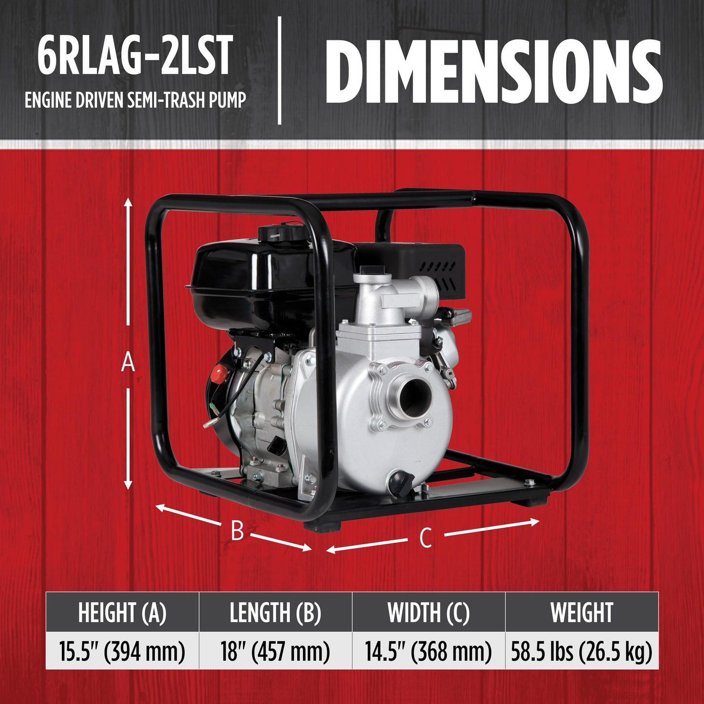 Red Lion 6RLAG-2LST 208cc, 150 GPM OHV Engine Driven Aluminum Semi-Trash Pump, 2-inch MNPT suction and discharge, Black, 617034