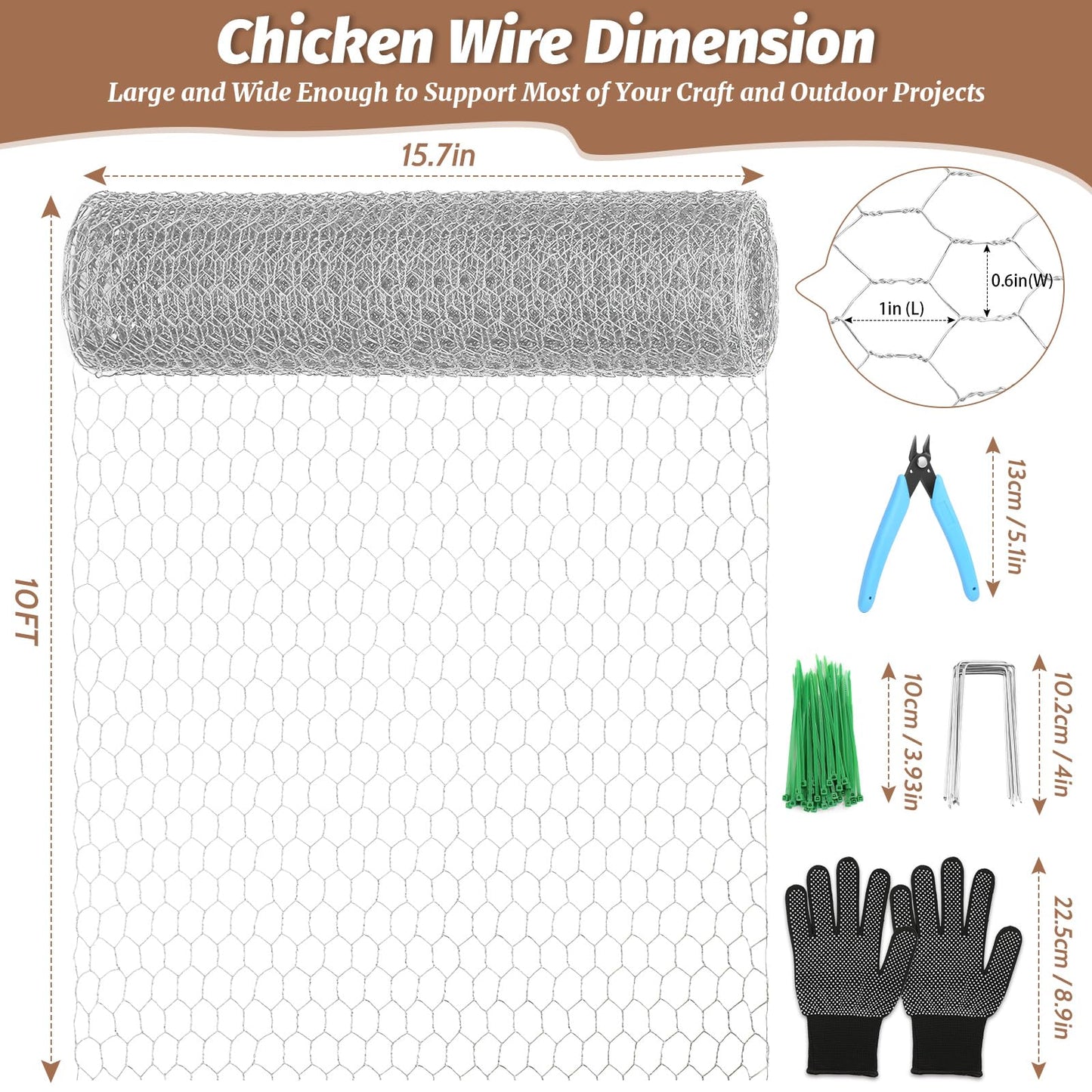 Floral Chicken Wire for Craft, 15.7 Inch x 10 FT Lightweight Galvanized Hexagonal Chicken Wire Netting, Silver Chicken Wire Fence for Garden Poultry Chicken Wire Mesh with Gloves, Wire Ties, Plier