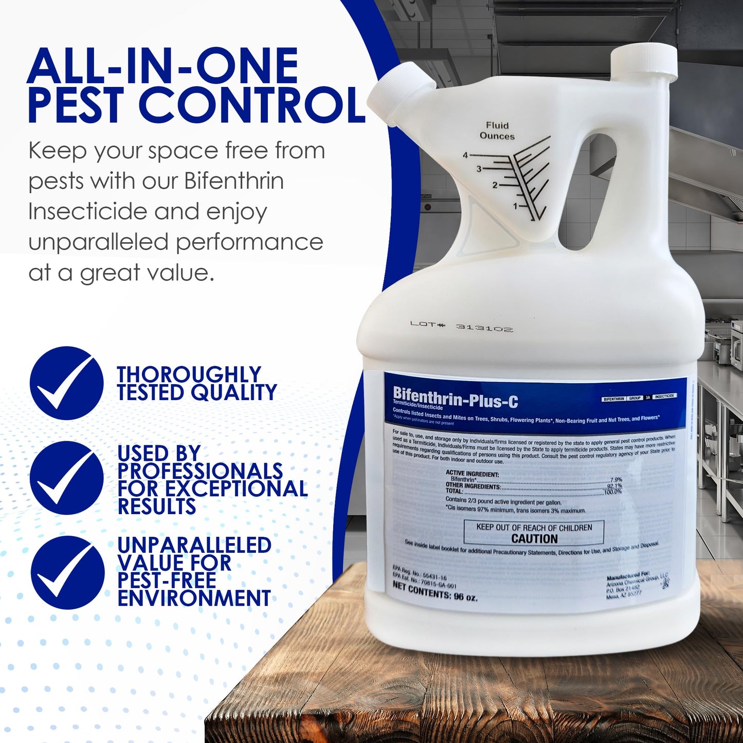Bifenthrin-Plus-C Insecticide (96 oz) - Roach Killer Indoor Infestation, Termite Treatment, Ant Control & Wasp Spray - Home Pest Control, Residential, Commercial, and Industrial Use