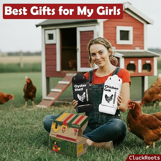 CluckRoots Chicken Grit and Oyster Shell Feeder Combo, No-Spill Weatherproof Heavy-Duty Design, Lift-Off Wall-Mounted Metal Dispenser w/View Window, Chicken Coop Accessories Gifts for Lovers Women