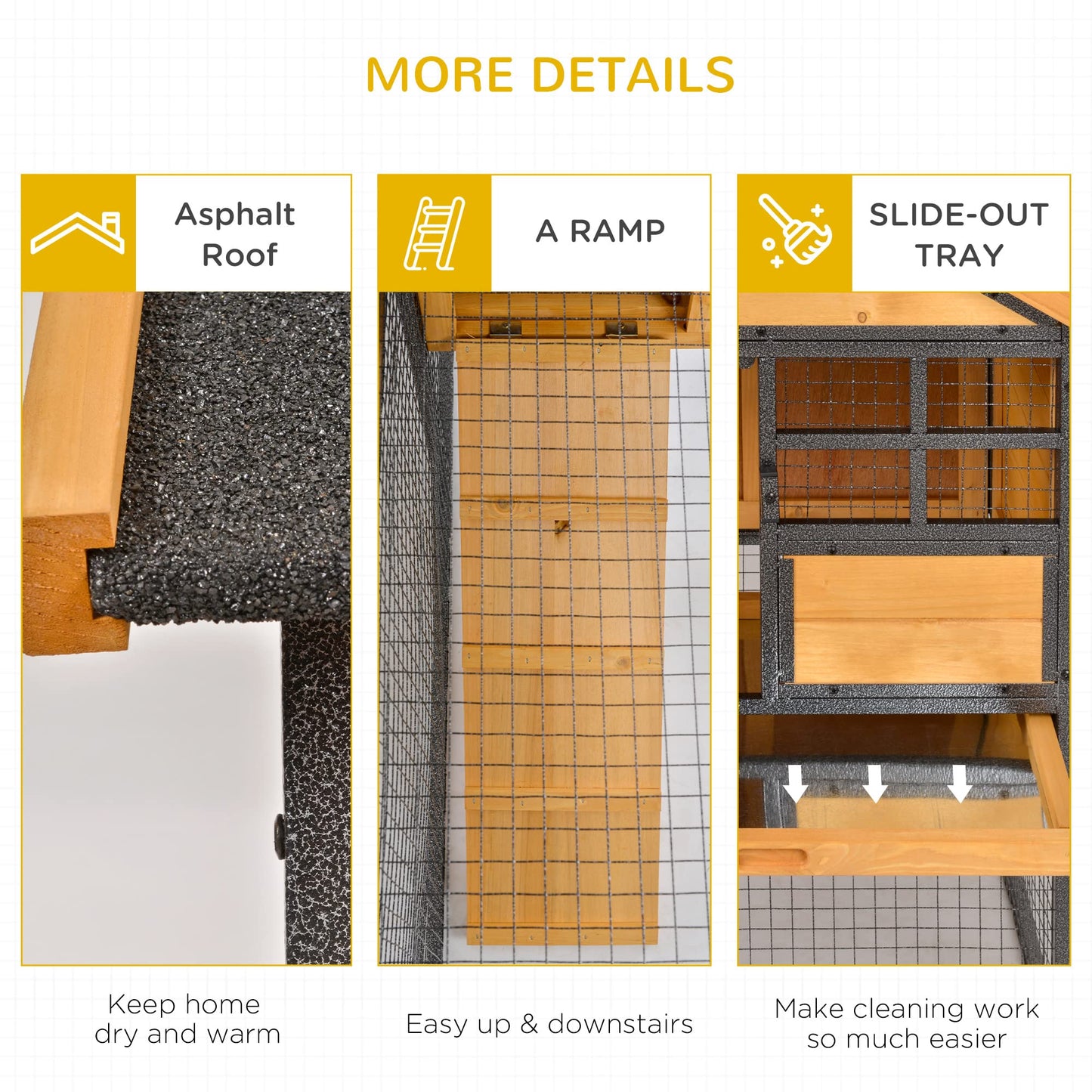 PawHut 2-Level Rabbit Hutch Bunny House with Weatherproof Hinged Asphalt Roof, Removable Tray and Ramp for Outdoor