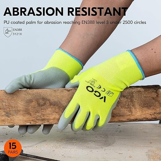 Vgo... 15-Pairs Safety Work Gloves, Gardening Gloves, Polyurethane Coated, Dipping Gloves, Latex Free (Size M, Yellow, PU2103)