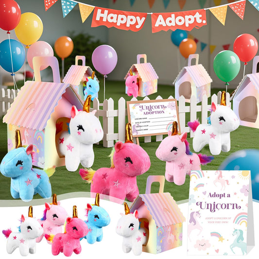 Blueweenly 73 Pcs Adopt a Unicorn Party Favors Set for Girl Mini Plush Unicorn Stuffed Animal Gift Box Adoption Card 1 Animal Sign with Carton House for Adopt a Pet Party Favor Birthday Supply (Cute)