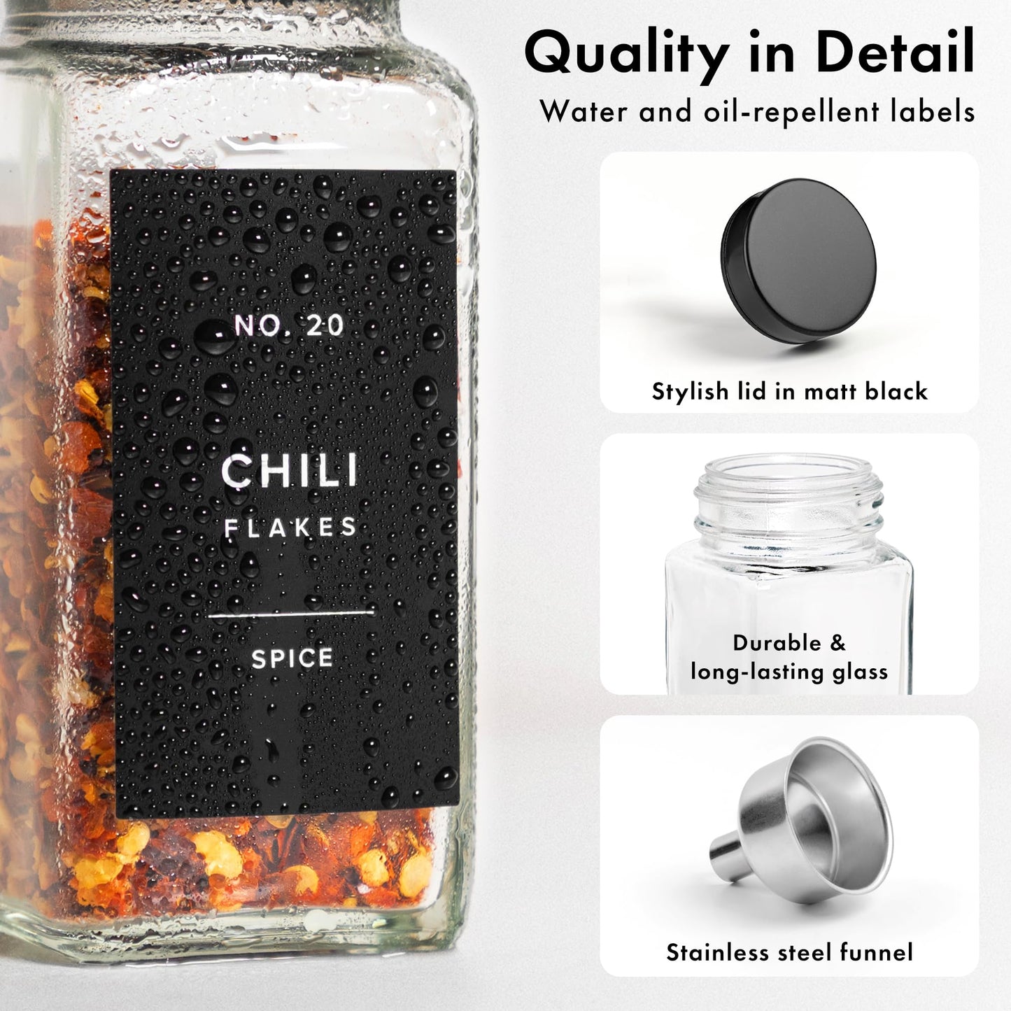 EDELHAUS Glass Spice Jars with Label and Stainless Steel Lids (24 x 4oz) Spice Containers with 240 Labels, Shaker Inserts, Steel Funnel, Empty Square Empty Square Seasoning Organizer (Black)