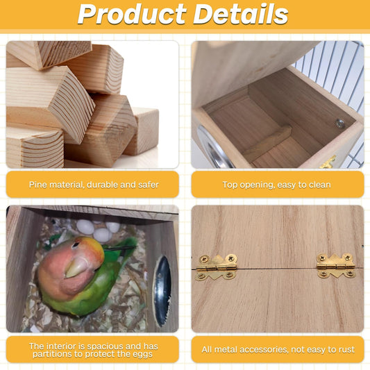 PINVNBY Parakeet Nesting Box Bird House for Cage Wood Mating Box Bird Breeding Box for Lovebirds, Cockatoo, Budgie, Finch, Canary Small and Medium Sized Birds (L:9.8 * 5.3 * 5.3 inch)