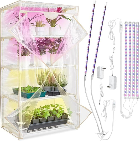 Carpathen Indoor Greenhouse with Grow Lights - 4 Tiers 27.2"L x 19.3"W x 54"H with 1 Dimmable 15W Full Spectrum LED Light Strip and 1 Gooseneck Plant Lamp Clip-on - Mini Greenhouse with Zip PVC Cover